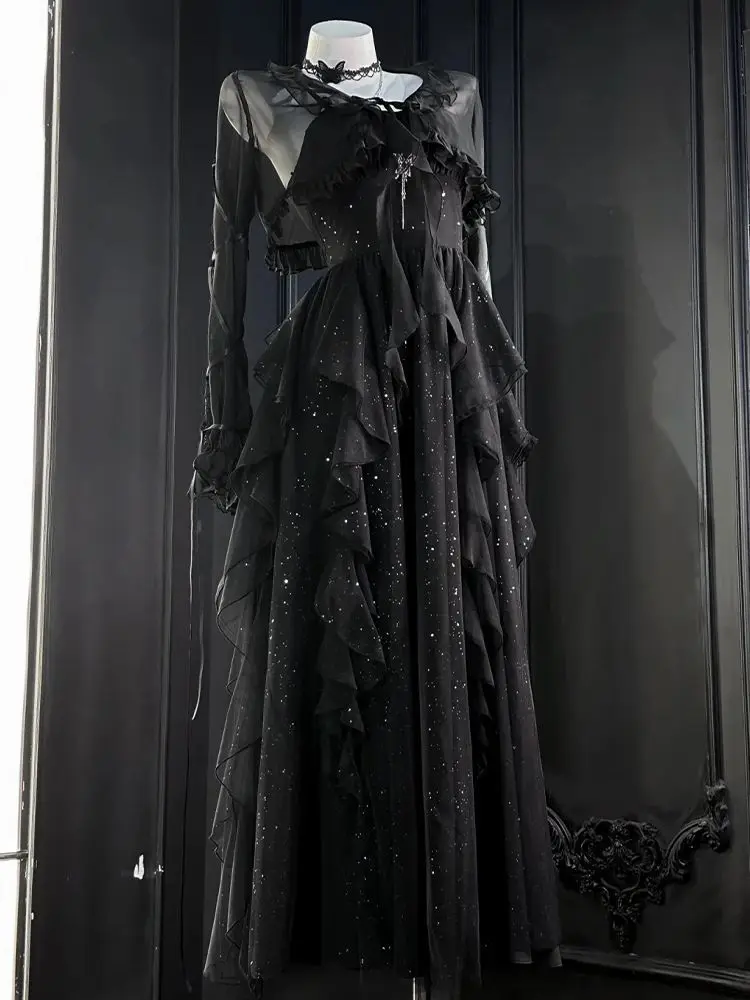 

New Dark Academia Gothic Black 2 Piece Set Women Design Sense Fluffy Dress + Fit Chic Tops Summer Vintage Elegant Party Outfits