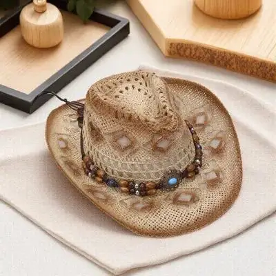 

1pc Cowboy Straw Hat Mens Summer Western Sunshade Beach Hat Lightweight Travel Foldable Decorative Party Props Straw Cowboy Hats