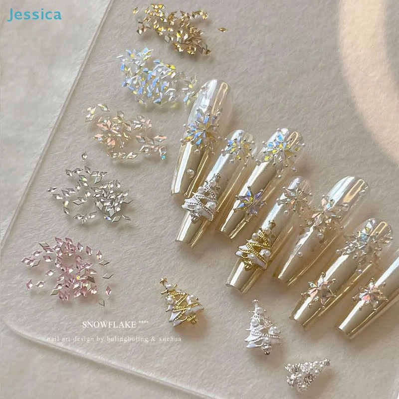 ♥50Pcs Colorful Rhombus Nail Charms Snowflake Nail Rhinestone Flat Bottom Stereoscopic Nail Decoration DIY Accessories