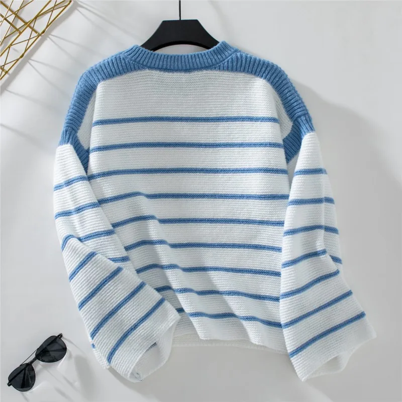 Maglione lavorato a maglia a maniche lunghe a righe bianche nere per l'autunno inverno da donna nuovo maglione pullover allentato girocollo Ropa Mujer