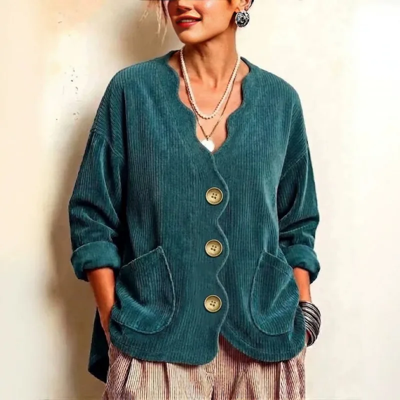 Women Wavy V Neck Corduroy Cardigan Long Sleeve Loose Vintage Lazy Style Open Front Top