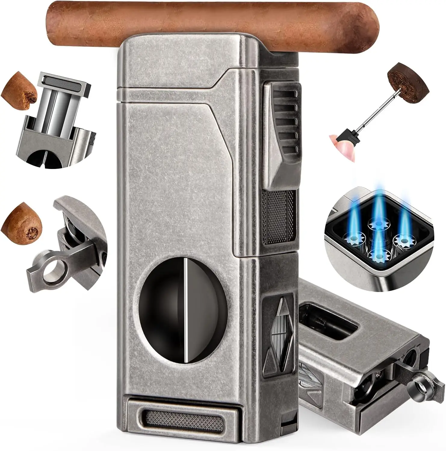 Scotte Cigar Lighter 4 Jet Flame,Refillable Butane Lighter with Cigar Cutter V Cut Cigar Punch Cigar Holder Cigar Draw Enhancer