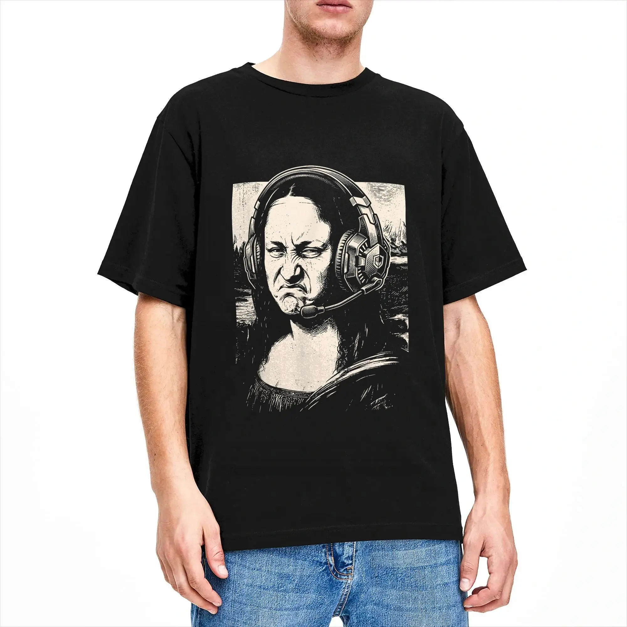 Mona Lisa Bass Face Headphones Funny Gamer Gaming Humor T-Shirt Men Crazy Cotton Tees Short Sleeve T Shirt Big Size Clothing