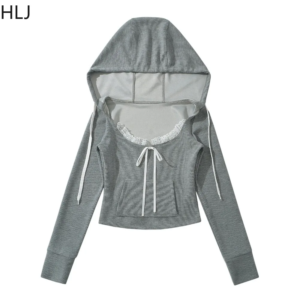 HLJ Gray Y2K Fashion Bow Lace Splicing Hooded Two Piece Sets Women O Neck Long Sleeve Crop Top And Pleated Mini Skirts Outfits