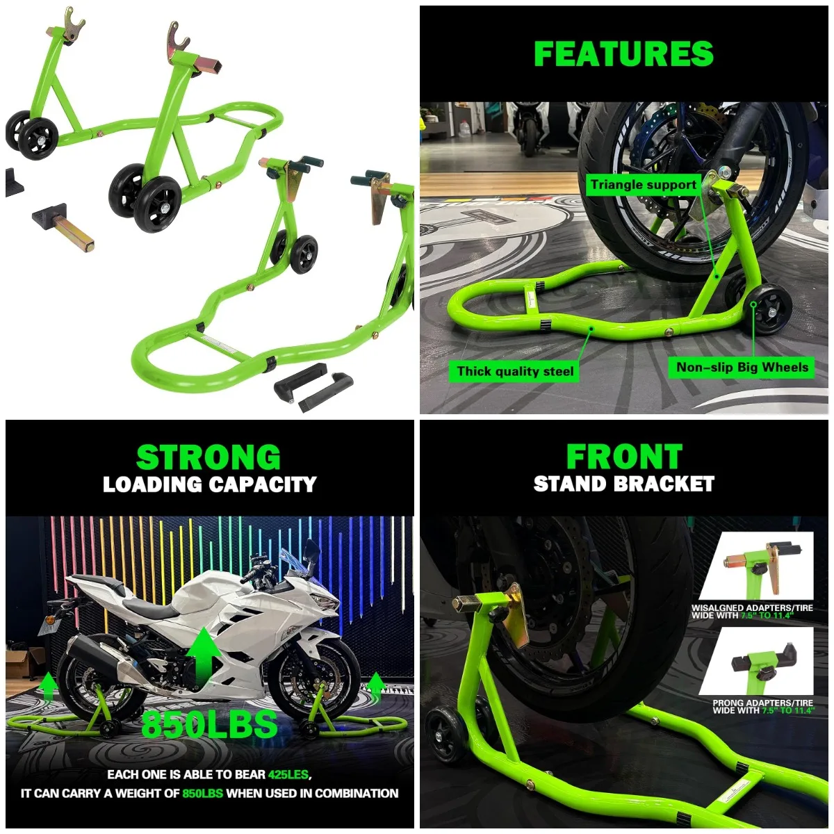 

Motorcycle Front and Rear Stand, Universal Wheel Lift Paddock Stand, Green
