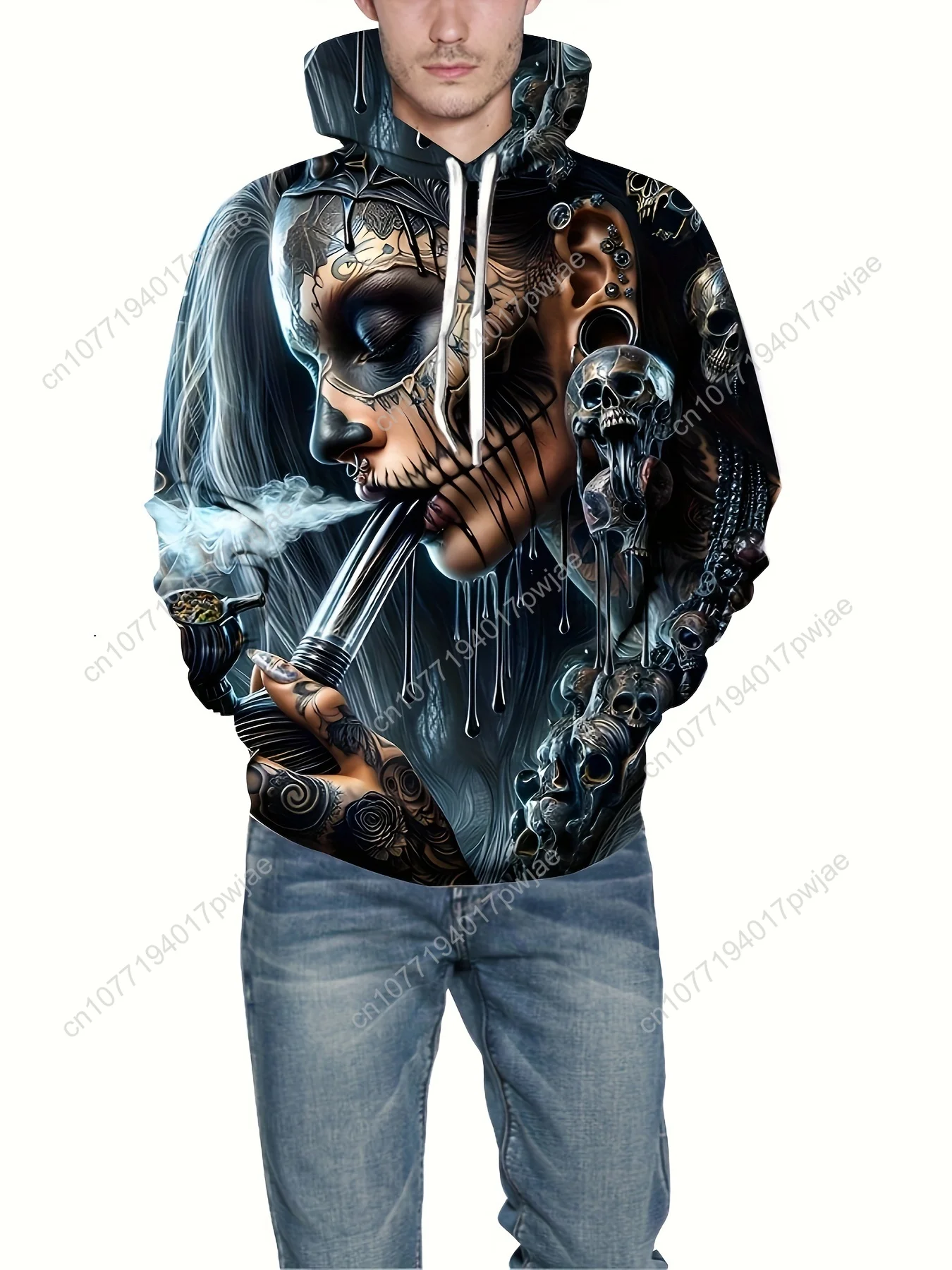 Moletom masculino com capuz de Halloween – moletom gótico com caveira e fumar, suéter preto com capuz para roupa de festa de Halloween, St