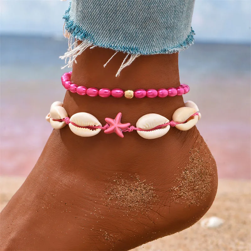 New Bohemia Starfish Conch Shell Beads Anklet For Women Double Heart Beaded Leg Chain Summer Beach Party Barefoot Sandal Jewelry