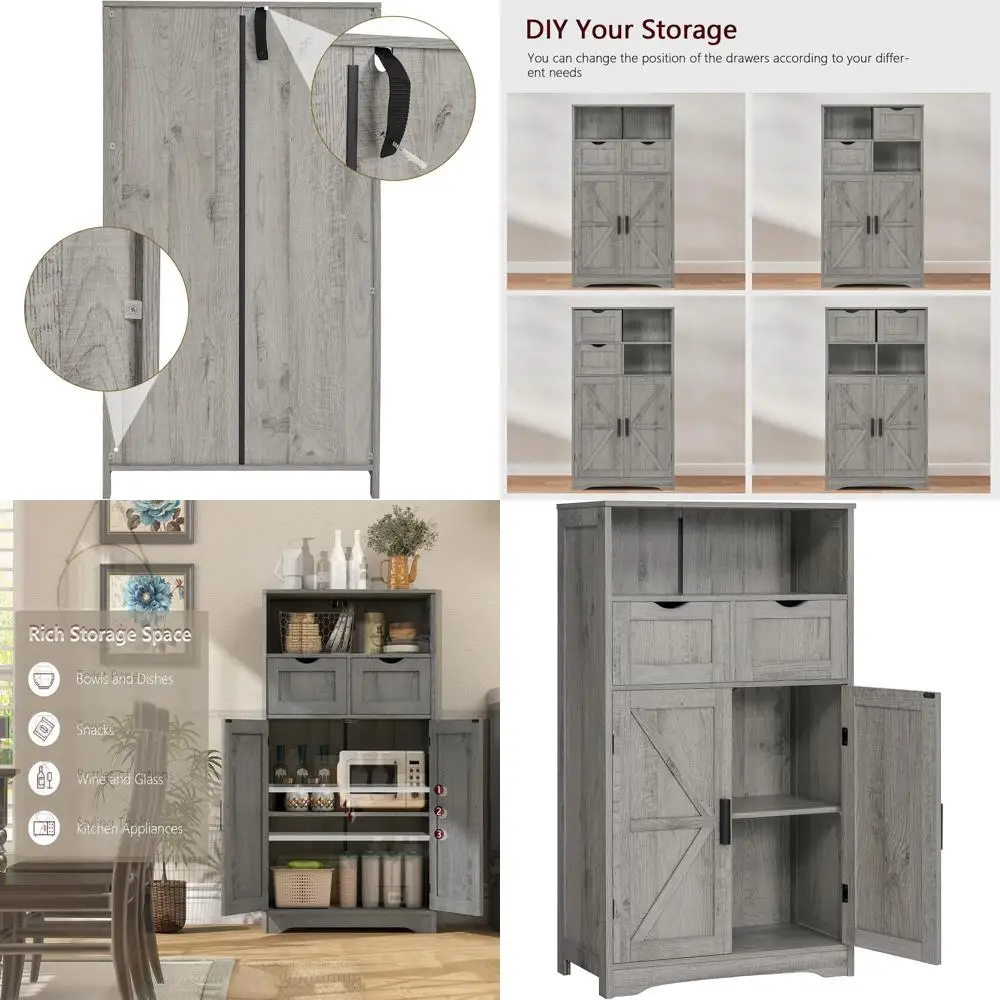 Grey Storage Cabinet with 2 Adjustable Drawers, 2 Shelves, and Barn Doors for Home, Kitchen, and Office Use