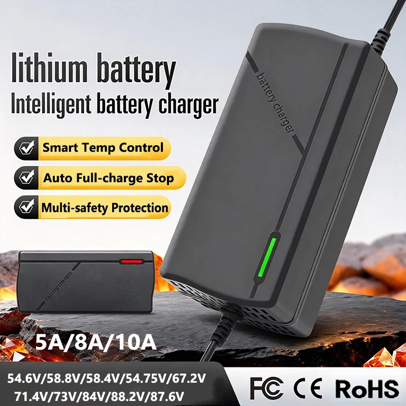 54.6V 67.2V 84V 5A 8A 10A Lithium Battery Charger For 48V 60V 72V Electric Two Wheelers/Motorcycles Li-ion Cells Fast Charging