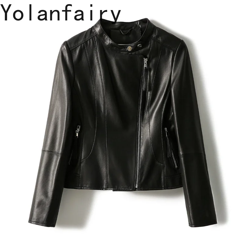 

YOLANFAIRY Sheepskin Real Leather Jacket Women Spring Autumn Slimming Jackets Stand Collar Outerwears Fashion Jaqueta Feminina