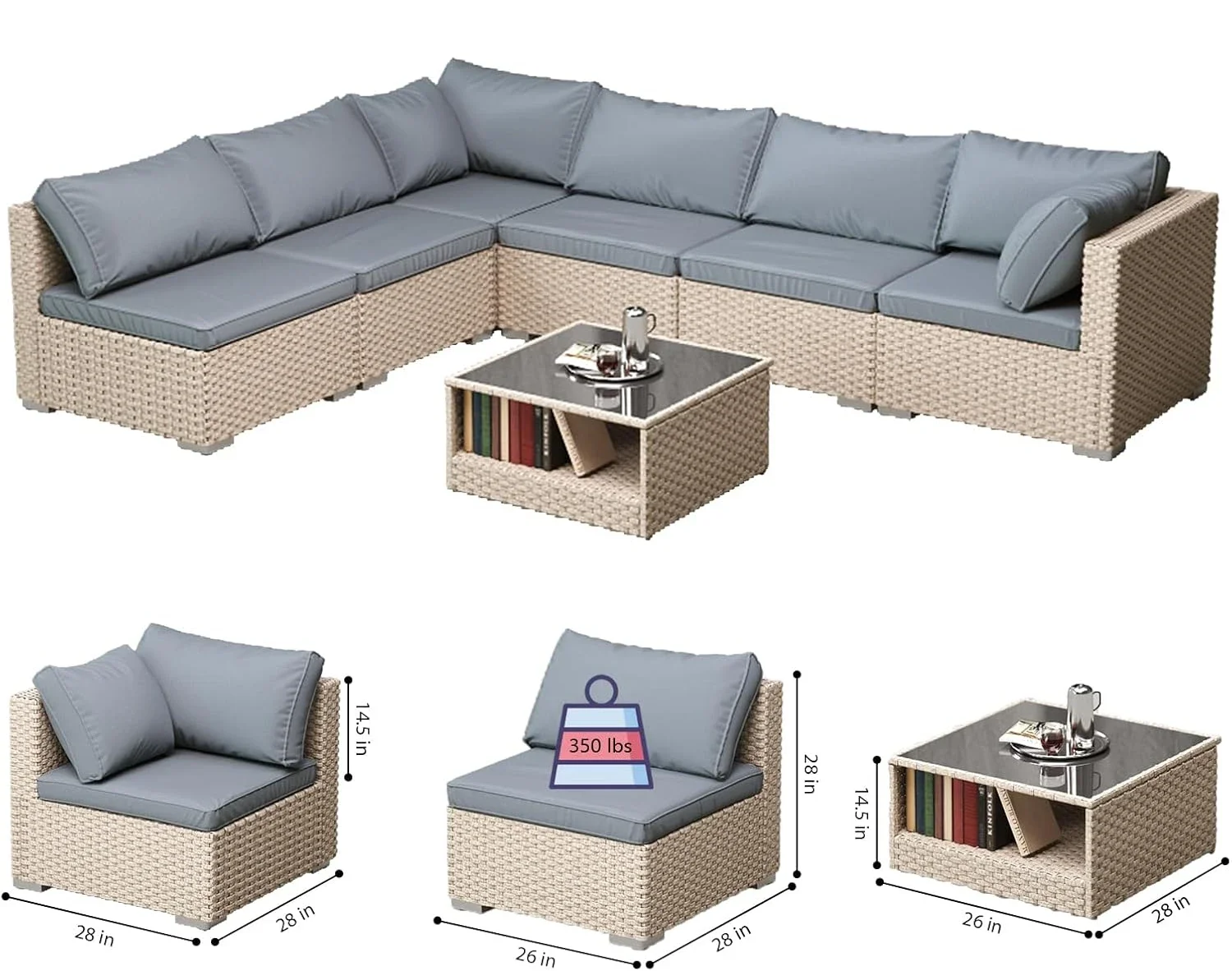 7-Piece Patio Furniture Set, Outdoor Wicker Conversation Set Sectional Sofa with Waterproof Thick Cushions and Coffee Table,Grey