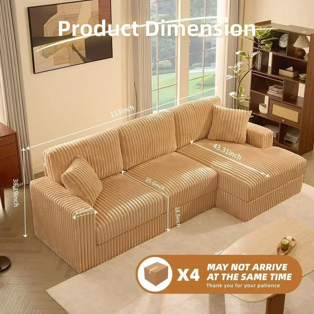 113 L-Shaped 3-Seater Sectional Sofa with Queen-Size Sleeper, Corduroy Upholstery, Deep Seating, High Backrest, and Coil Spring