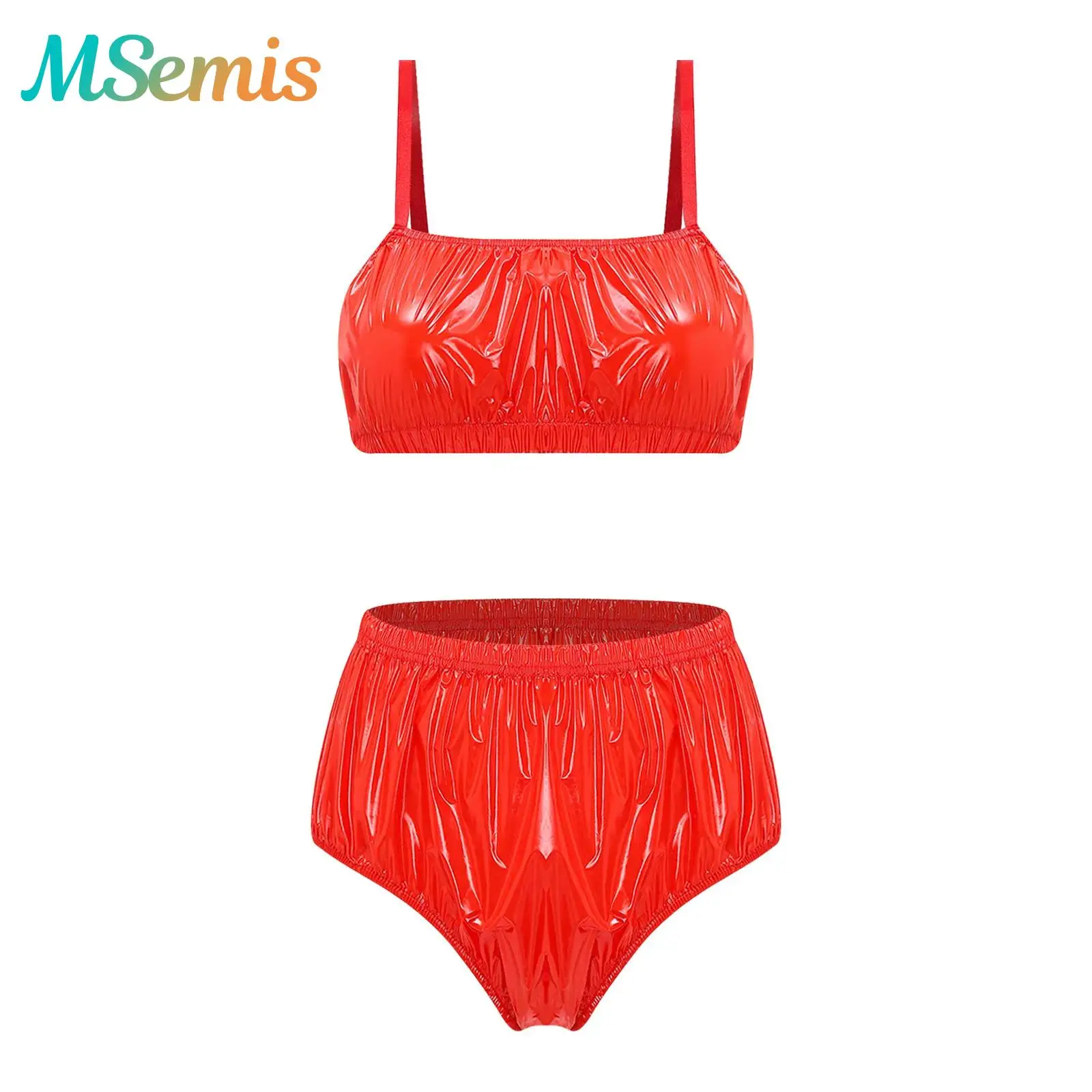Traje de baño metálico brillante para mujer, bikini de dos piezas, bralette sin relleno ni aros con braguita de cintura alta, traje de baño para playa