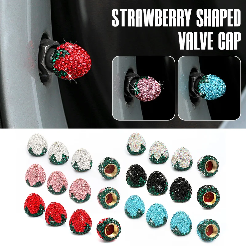 4Pcs Creative Strawberry Crystal Car Tire Valve Caps Diamond Dust-proof Wheel Caps Bling Car Charms Decor Auto Accessories Gift