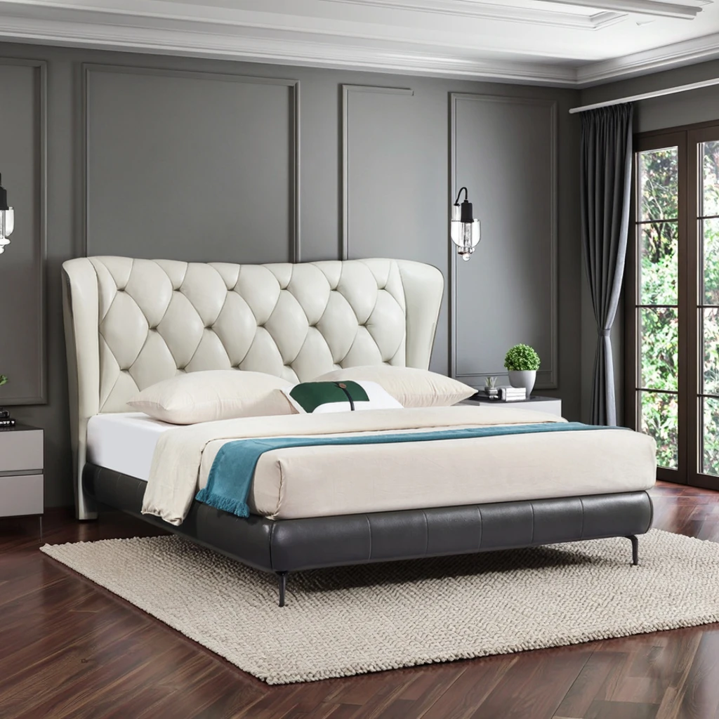

fx-Minimalist 1.8m Queen Top Grain Genuine Leather Bed Elegant Space-Saving Soft Backrest Edge for Master Bedroom#