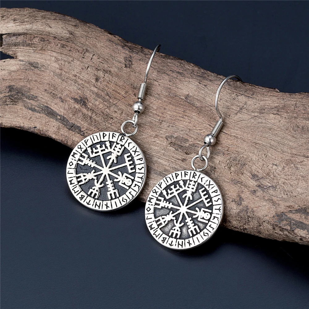 Vikings Runes Vegvisir Drop Earrings Women's Punk Stainless Steel Charm Norse Futhark Amulet Female Ear Pendant Vintage Jewelry