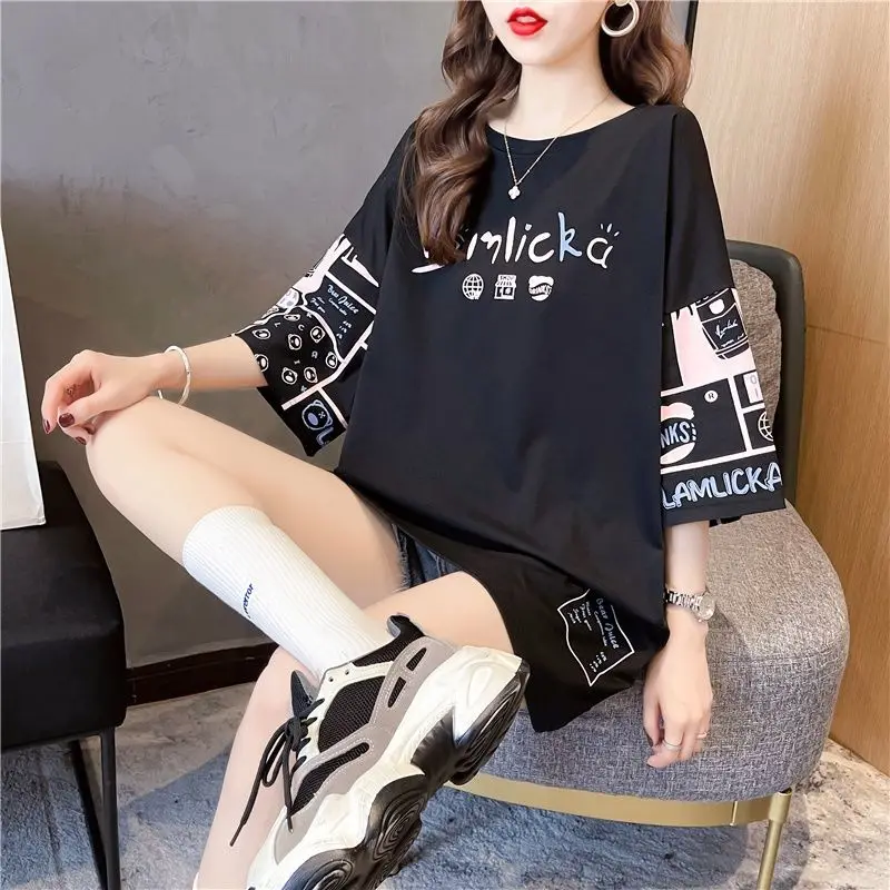 Female Casual Korean Printing O-neck Short Sleeve Top Tee 2024 New Summer Street Casual Patchwork Loose T-Shirts Women Clothes