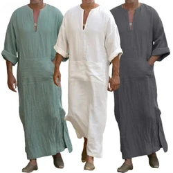 YUFEIDA-Bata larga de lino para hombre, caftán musulmán, árabe, islámico, con cuello en V, de algodón sólido, Abaya