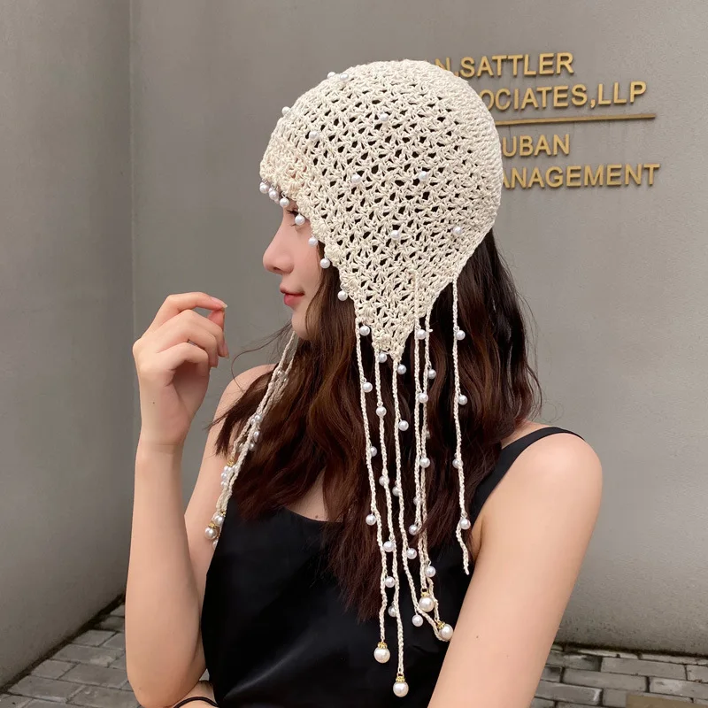 2024 Handmade hat women's pearl fringe ethnic wind hook knitted hat vintage hollow bowhead hat