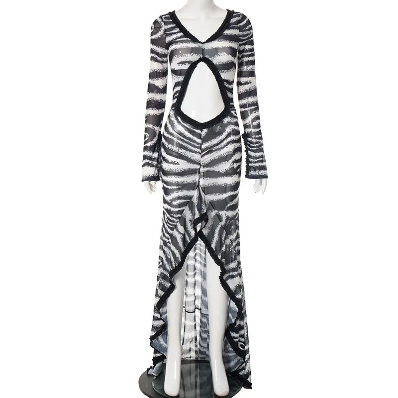 Sehen Durch Mesh Zebra Streifen Rüschen Split Bodycon Maxi Kleid Frauen Sexy Aushöhlen V-ausschnitt Volle Hülse Party Lange Robe Vestido