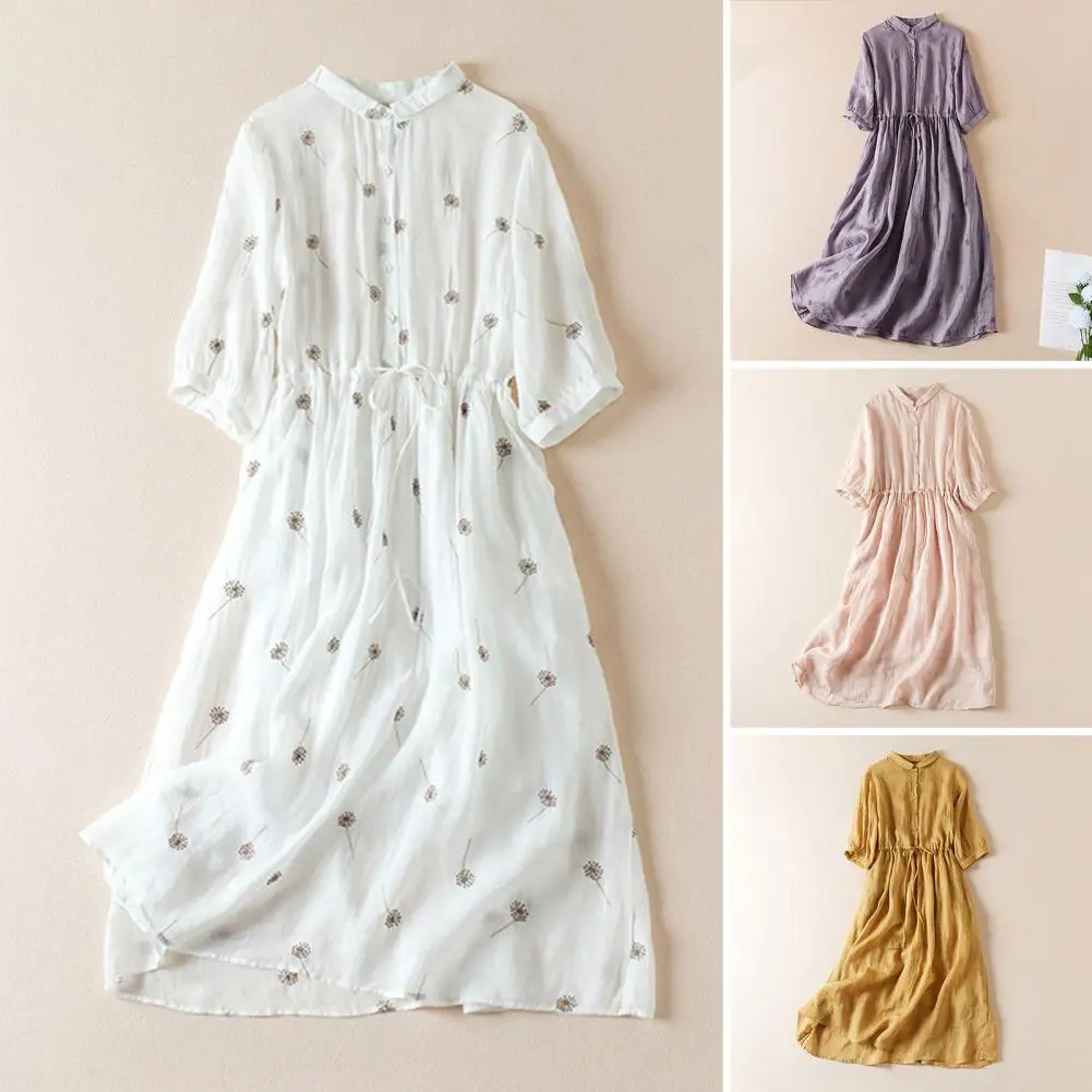 

Women Summer Dress Doll Collar Short Sleeves A-line Pleated High Lace-up Waist Big Hem Half Single-breasted Vacation Midi Dress