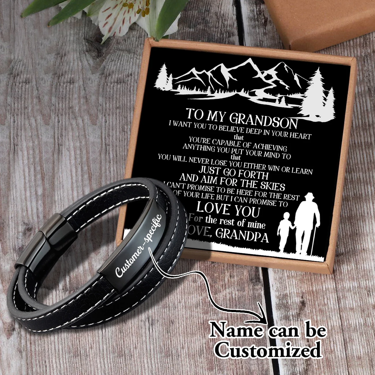 

Sam3104 Grandpa To May Grandson Name Can Be Customized Woven Bracelet Card text Men's Fashion Magnet Clasp Multi-layer Leather