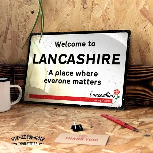 Welcome to Lancashir Metal Sign - Worn look print. Roses Shire UK Road Cricket --Tin Sign