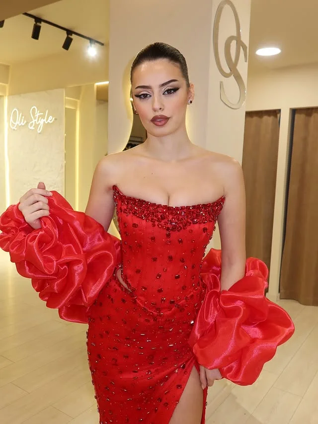 

AsaNagi Saudi Elegant Luxurious Evening Dresses Summer dresses Strapless Side Slit Prom Gowns Customized فستان دانتيل