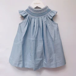 Girls Smocking Bishop Dress Summer Blue Cotton And Linen Flying Sleeve Handmade Skirt Children's Boutique Clothing