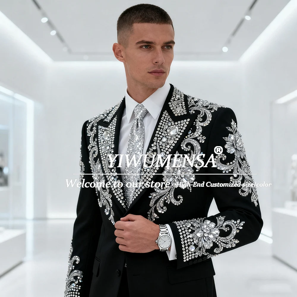 

Luxury Jewelry Stones Groom Wedding Suits 2 Pieces Sets Single Breasted Prom Blazers Customized Man Formal Evening Party Tuxedos