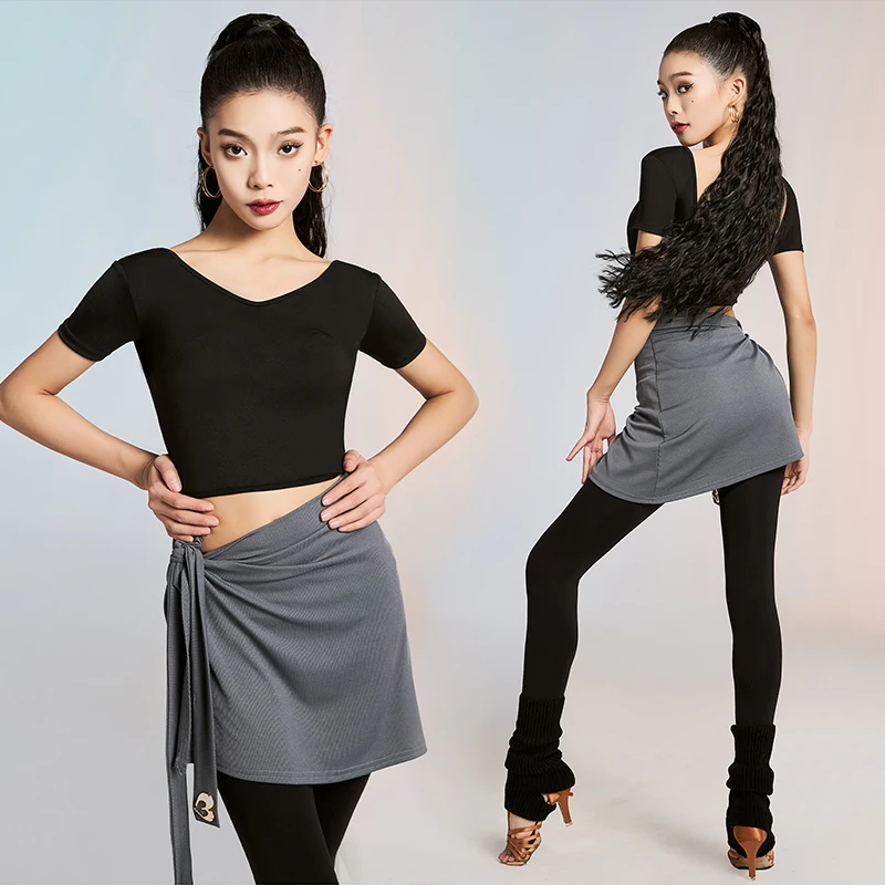 Neue Frauen Latin Dance Kleidung Für Ausbildung Kurzarm Schwarz Top Praxis Hosen Grau Hüfte Handtuch Weibliche Latin Dancewear AMY3157