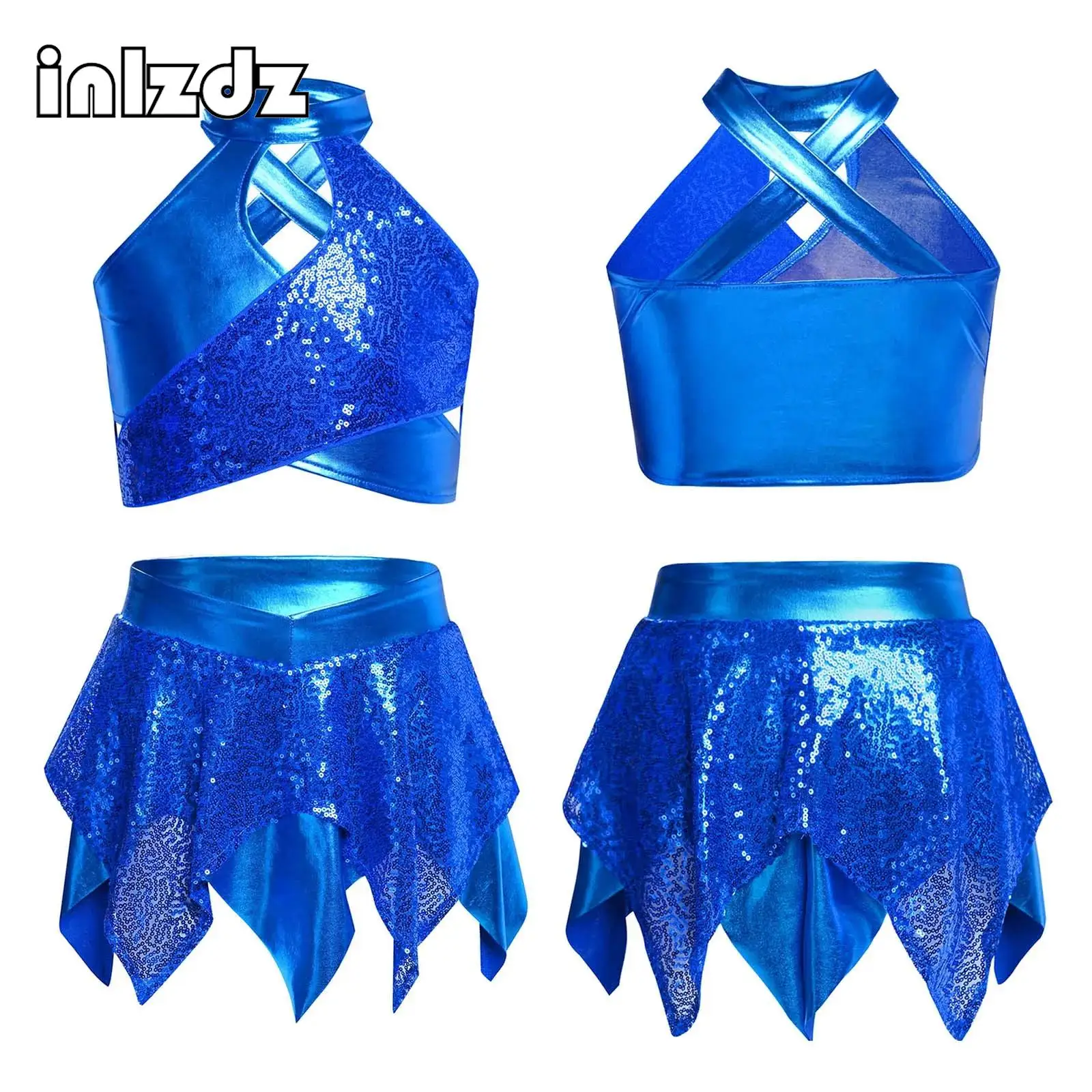 

Kids Girls Gymnastics Jazz Skating Dance Outfit Sparkly Sequins Metallic Crop Top with Skirt Teens Stage Performance Dancewear
