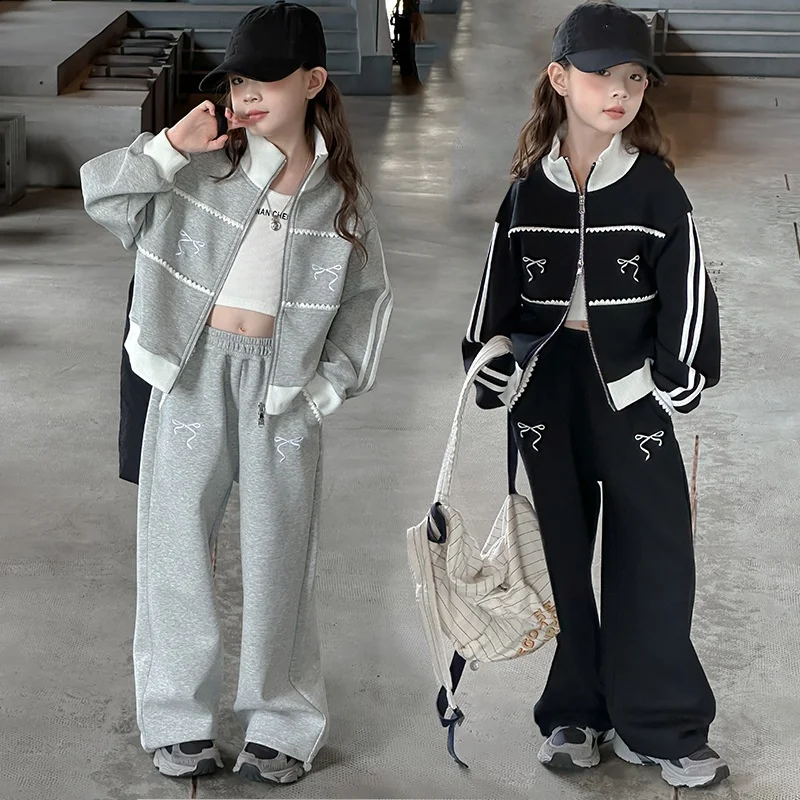 Teens Girls Sportswear Set Kids Bow Embroidered Zipper Cardigan Jacket And Pants Two-Piece Outfit Child Collection