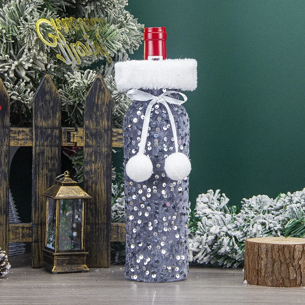 Cute Xmas Wine Bottle Cover Non-woven Dust-proof Christmas Wine Bottle Bags Sparkling Plush Ball Santa Claus Wine Bags