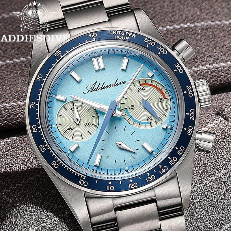 

ADDIESDIVE VK63 Chronograph Men's Quartz Watch Top Brand 100m Waterproof Watches Bubble Glass Super Luminous Steel reloj hombre