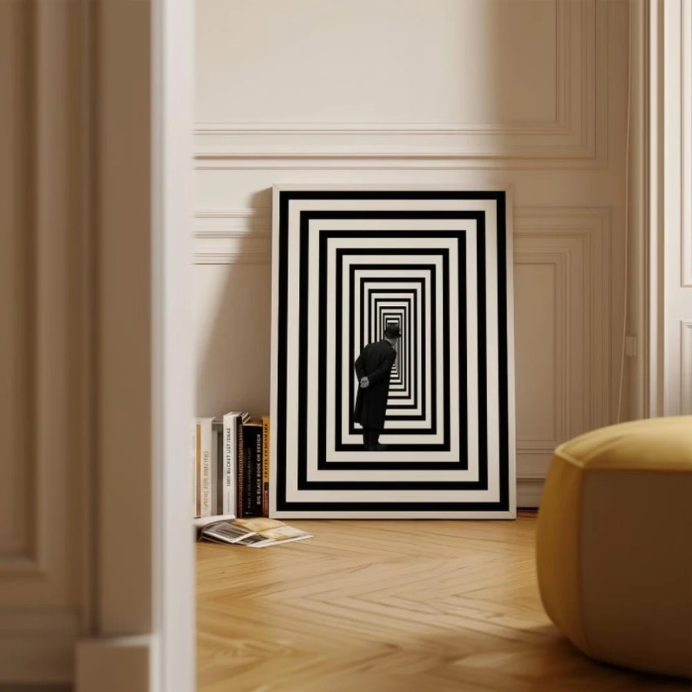 Modern Optical Illusion Tunnel Man Black White Wall Art Print Canvas Painting Poster Picture For Living Room,Bedroom Home Decor
