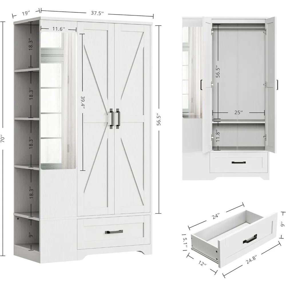 Armário de quarto de madeira de 70 polegadas com portas estilo celeiro, gavetas, espelho de comprimento total e 5 prateleiras