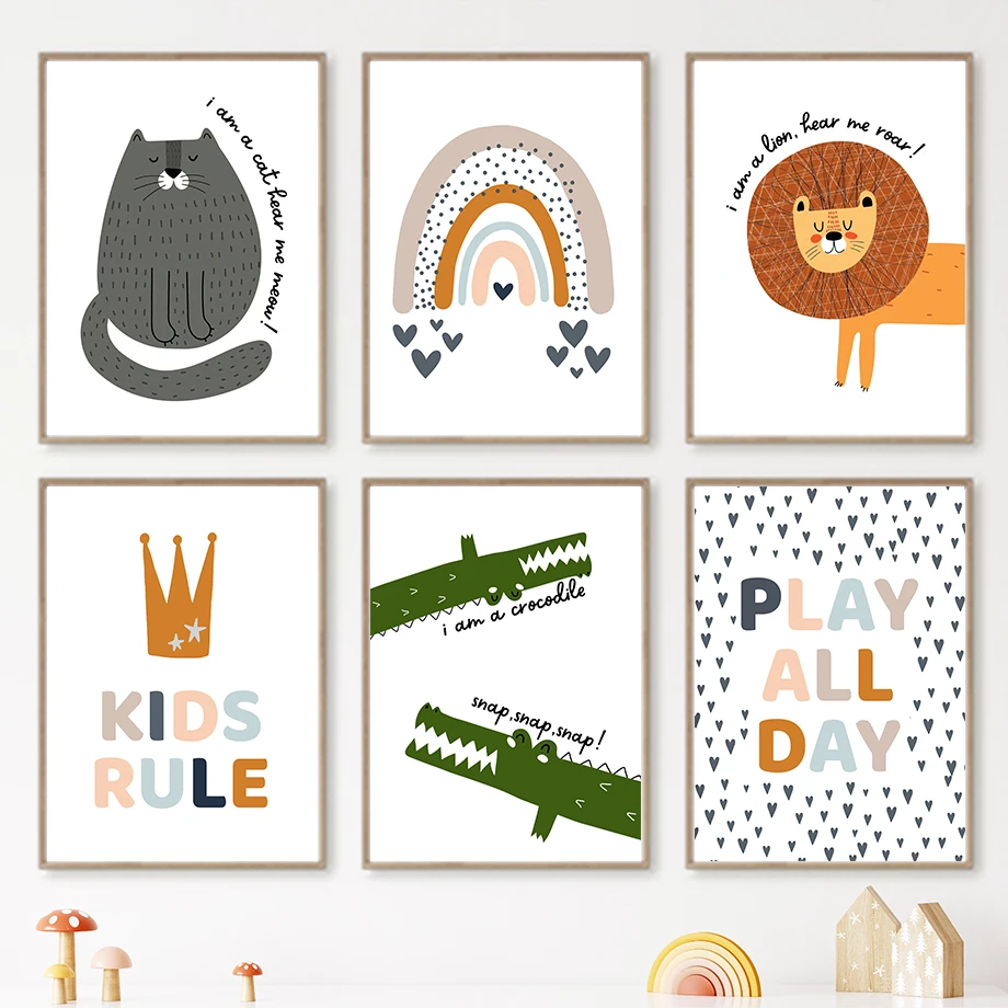Lion Crocodile Cat Rainbow Crown Quotes Nordic Posters and Prints Wall Art Canvas Painting Cartoon Wall Pictures Kids Room Decor