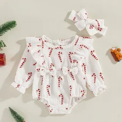 Baby Girls Christmas Romper Candy Cane Print Long Sleeve Ruffle Jumpsuits Headband Set for Newborn Xmas Clothes Outfit