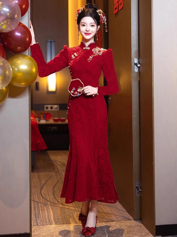 

Красное свадебное платье в китайском стиле, улучшенное, с хвостом-рыбьим хвостом, высококачественное вечернее платье для подружек невесты и свадебной церемонии