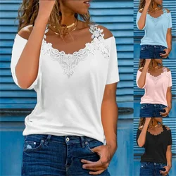 Summer Short Sleeve Sexy Lace Shirt Women Casual V Neck Loose T Shirt Ladies Hollow Off The Shoulders Sling Elegant Pullover Top