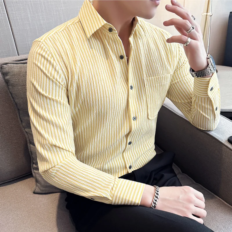 Seersucker Fabric Striped Shirt Men\'s Summer Long Sleeve Slim Fit  Shirt Fashion Versatile Casual Sunscreen Clothes Shirts Coat