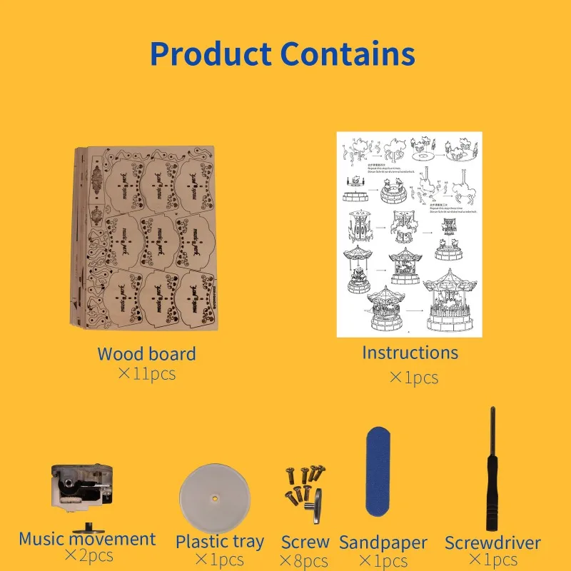 Music Park 3D Wooden Puzzle Carousel Music Box DIY Hand Assembled Mechanical Model Kit Carousel Music Box Christmas Gift