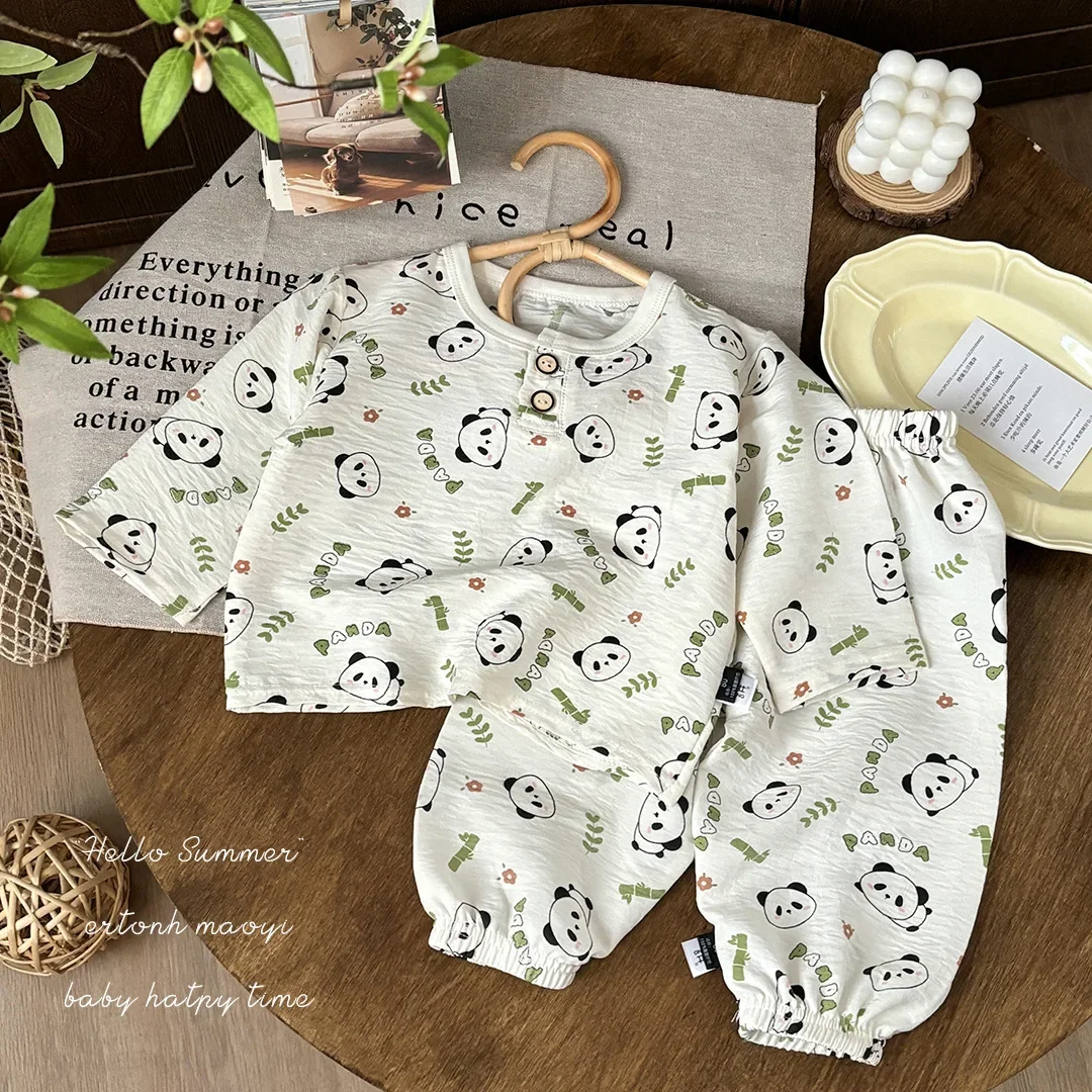 Kids Summer Thin Pajamas Homewear New 2025 Boys Girls Cute Cartoon Panda T-shirts + Pants Sleepwear Baby Casual Clothing Set