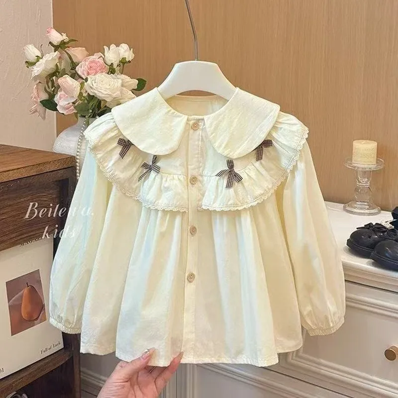 

2026 New Spring Toddler 2-12Y Girls Elegant Bow Ruffle Shirt Stylish Versatile Blouse Fashion Outwear Tops for 90-160cm