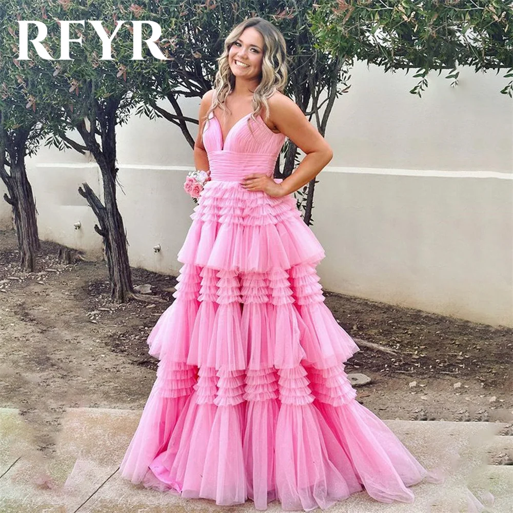 

RFYR Pink Tiered Layer Evening Dresses Charming A Line Prom Dress Spaghetti Strap Plus Size Party Dresses vestidos de noche