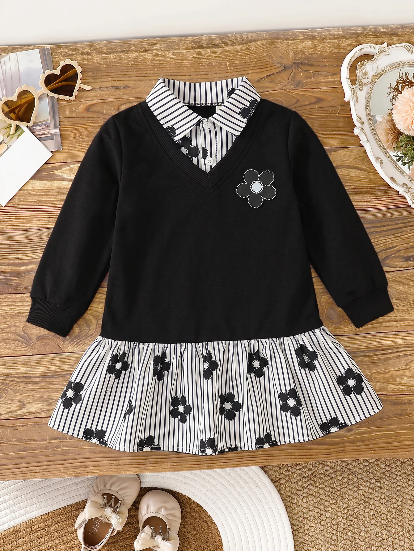 Girls Faux Two‑Piece Dress Long Sleeve V‑Neck Vest Spliced Striped Shirt Dress Floral Print Ruffle Hem Kids Dress for 4‑7 Years