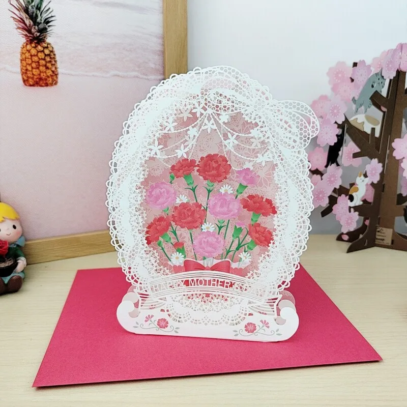 

Exquisite and Creative 3D Pop-up Lace Carnation Greeting Card Mother's Day Thank You and Blessing Card for Mom with Envelope