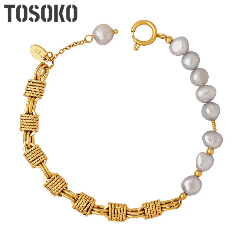 

TOSOKO Copper Jewelry Grey Freshwater Pearl Beaded Bracelet Splicing Square Geometric Bracelet BSE379