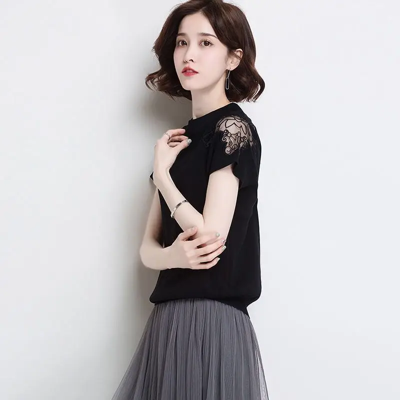 Elegant O-Neck Spliced Lace Hollow Out Off Shoulder Blouse Women\'s Clothing 2023 Summer New Casual Pullovers Office Lady Shirt